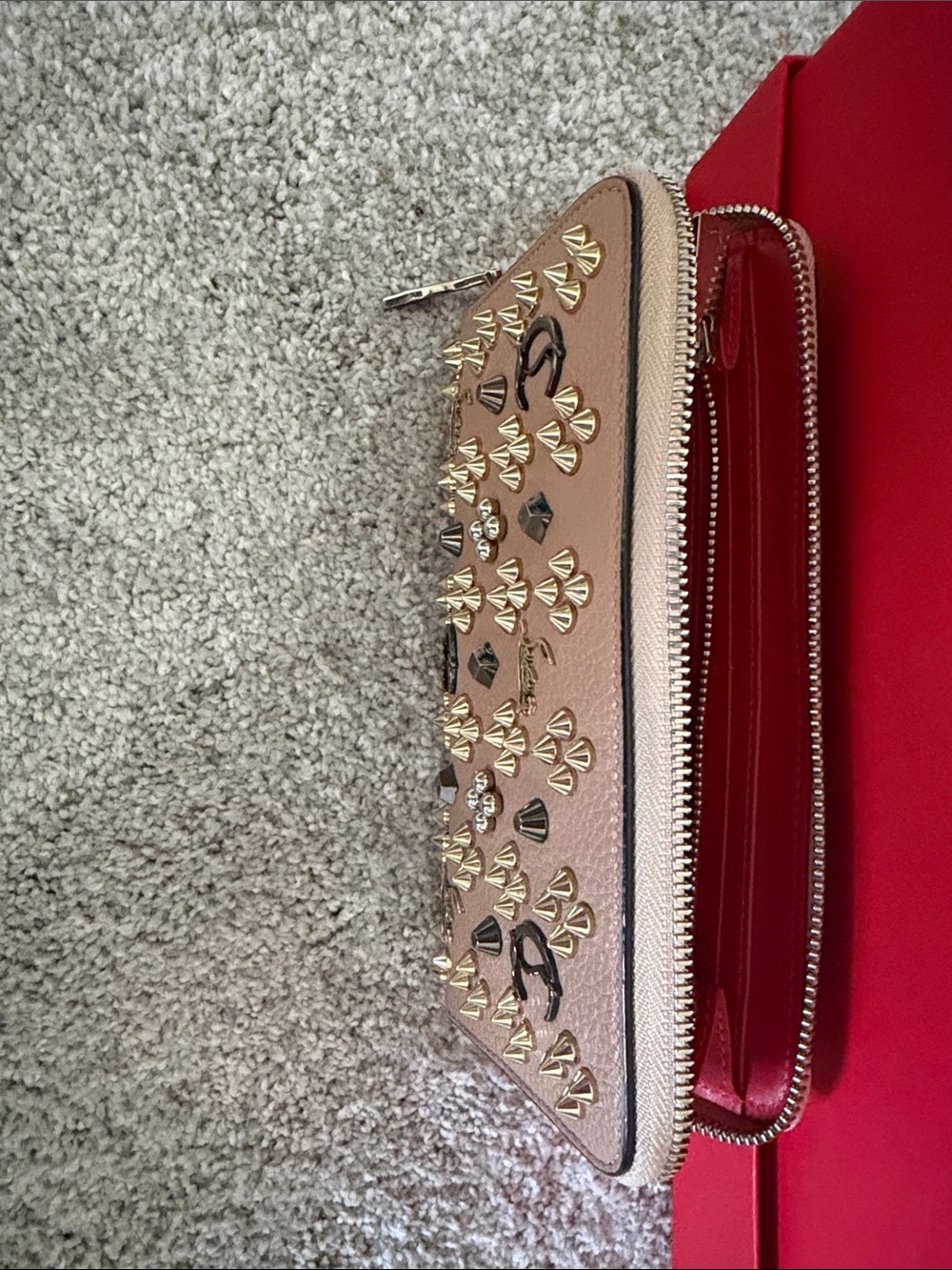 Christian Louboutin Brown Leather Studded Zip Wallet with Mixed Metal Accents - Picture 3 of 6